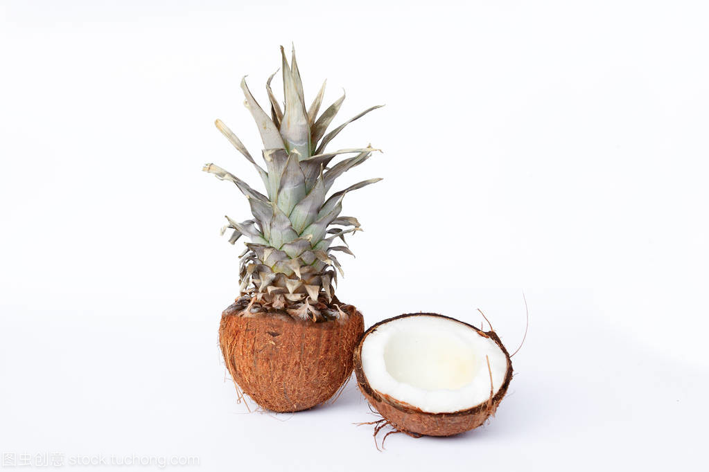 白色背景下的熱帶風情 新鮮菠蘿與椰子的美食魅力